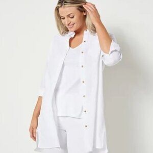 Encore by Idina Menzel Relaxed Linen Button Down Shirtdress Brt White XL A501290
